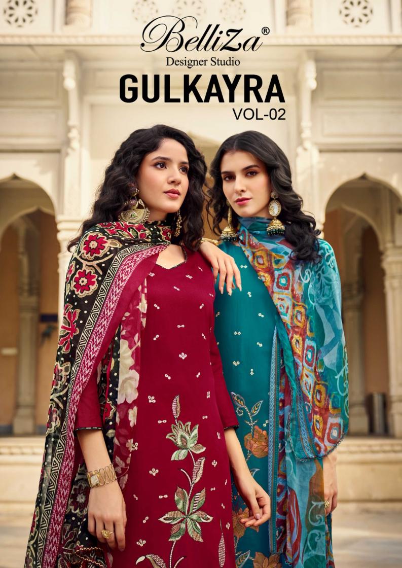 BELLIZA DESIGNER GULKAYRA VOL 2 JAM HIT DESIGN FULL STITCH BIG SIZE 3PCS DRESS