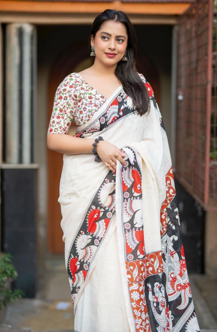 KC 423 UNIQUE COLOUR LINEN KALAMKARI FANCY SAREES 