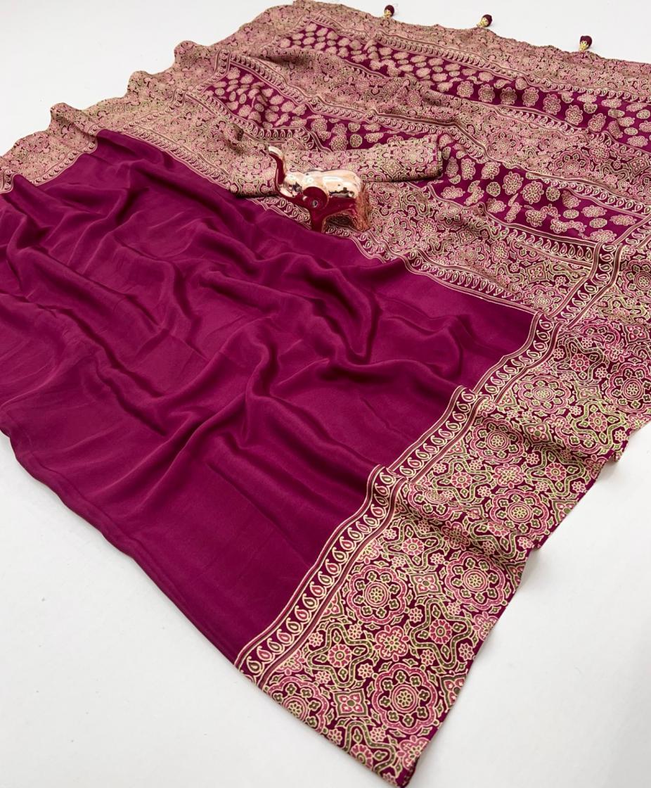KC 8002 PRETTY LOOK SATIN AJRAK PRINTED SAREE WHOLESALER 