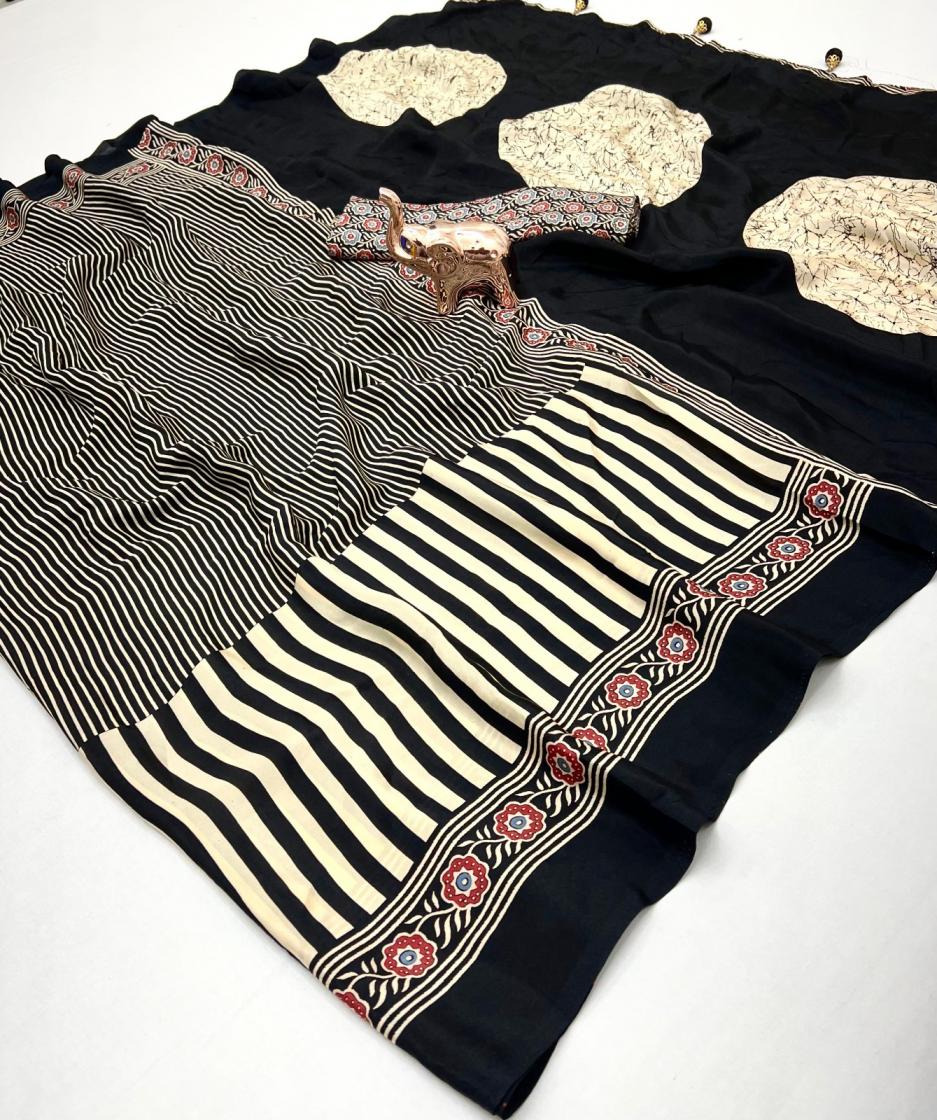 KC 8005 CRAPE SATIN UNIQUE AJRAK PRINT SAREES EXPORTS 