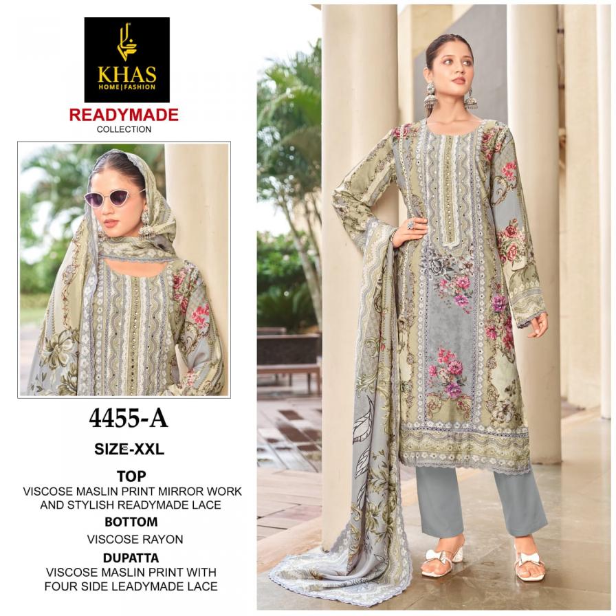 4455 BY KHAS VISCOSE MUSLIN FULLY STITCH MODERN PAKISTANI 3PCS DRESS