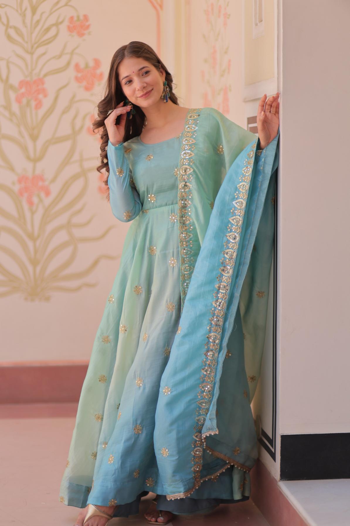 LW 9238 READYMADE GOLD ORGANZA AMAZING WORK GOWN WITH DUPATTA 