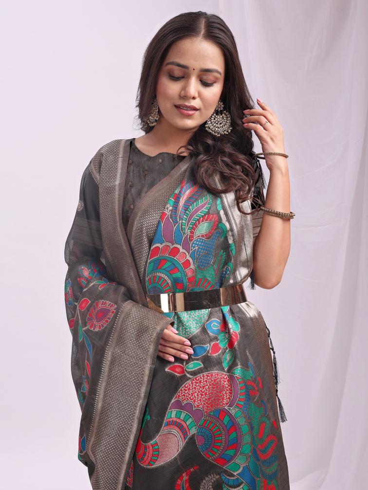 ASTITA MORNI FANCY DESIGNER LINEN COTTON FABRIC SAREE WHOLSALE WITH LATKAN
