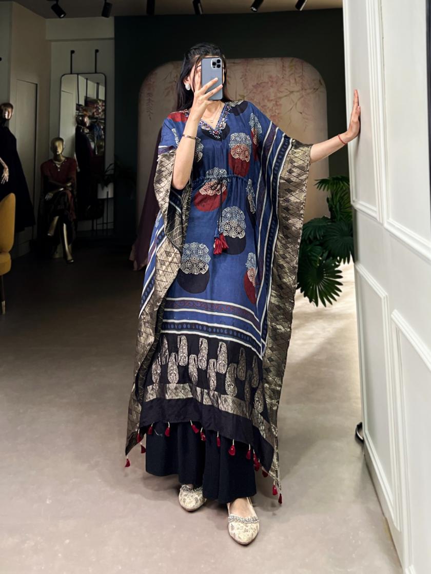 NNK3022 TRENDY VISCOSE ZARI BORDER HAND WORK FULLY STITCH KAFTAN KURTI 