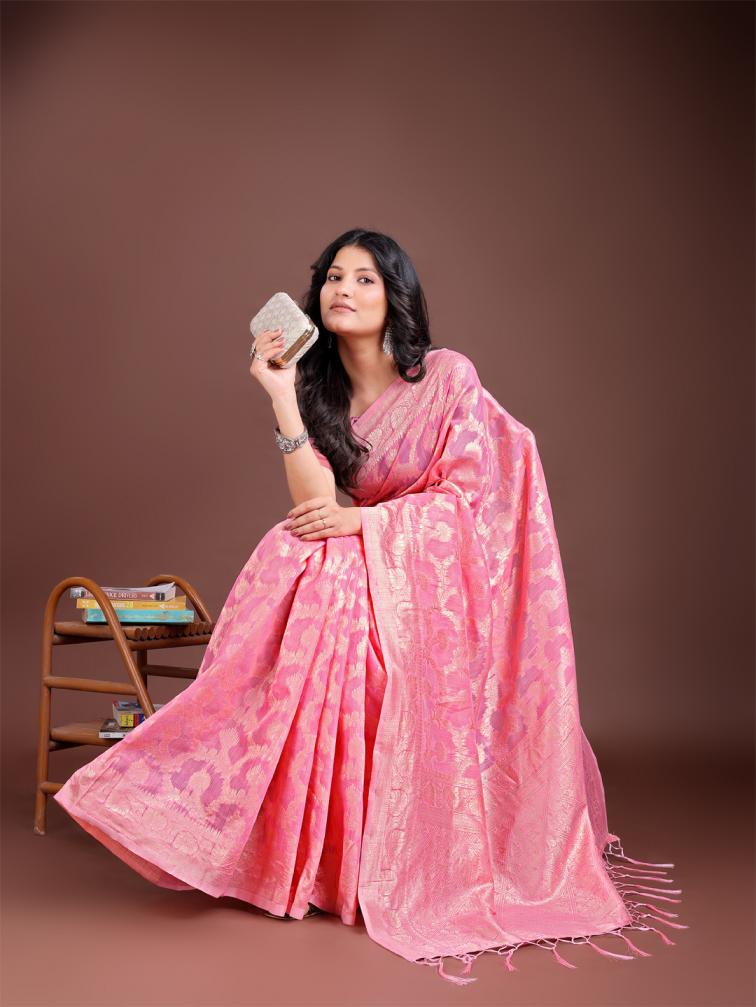 ASTITA PASTEL WEAVES FANCY DESIGNER LINEN COTTON FABRIC SAREE WHOLSALE WITH LATKAN SUPPLIER 