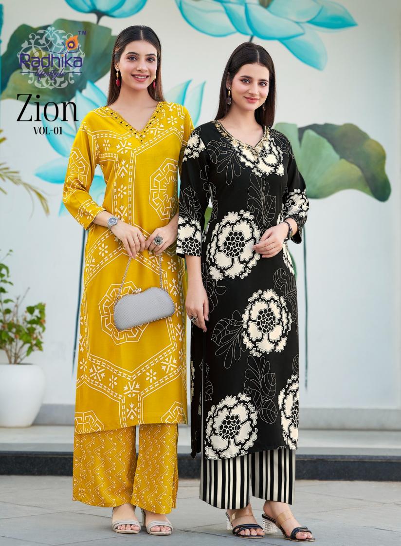 ZION VOL 1 BY RADHIKA LIFE STYLE RAYON CLASSIC LOOK FULLY STITCH CO-ORD SETS 
