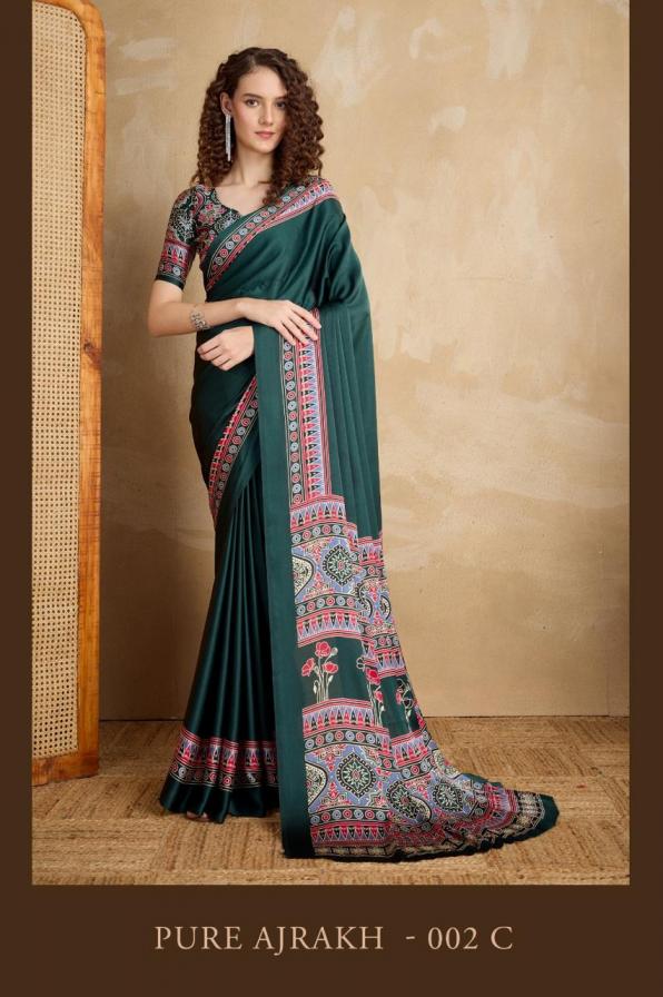 PURE AJRAKH VOL 2 BY RAJTEX UNIQUE COLOURS SATIN CREPE SAREES 