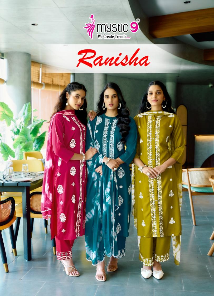 MYSTIC9 RANISHA VOL 1 DYED RAYON HIT DESIGN FULL STITCH 3PCS DRESS