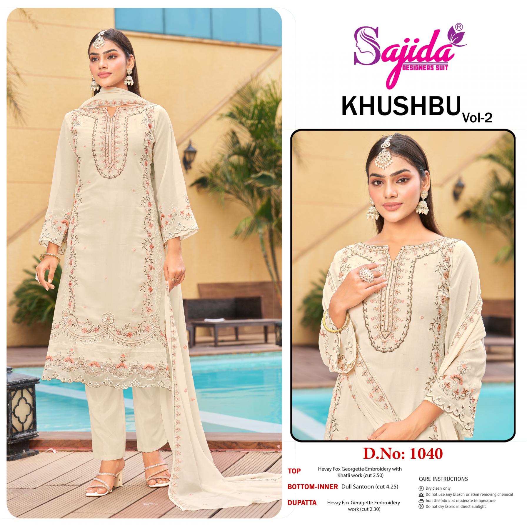 KHUSHBU VOL 2 BY SAJIDA DESIGNER 1040 FULL STITCH GEORGETTE PAKISTANI PLUS SIZE 3PCS DRESS