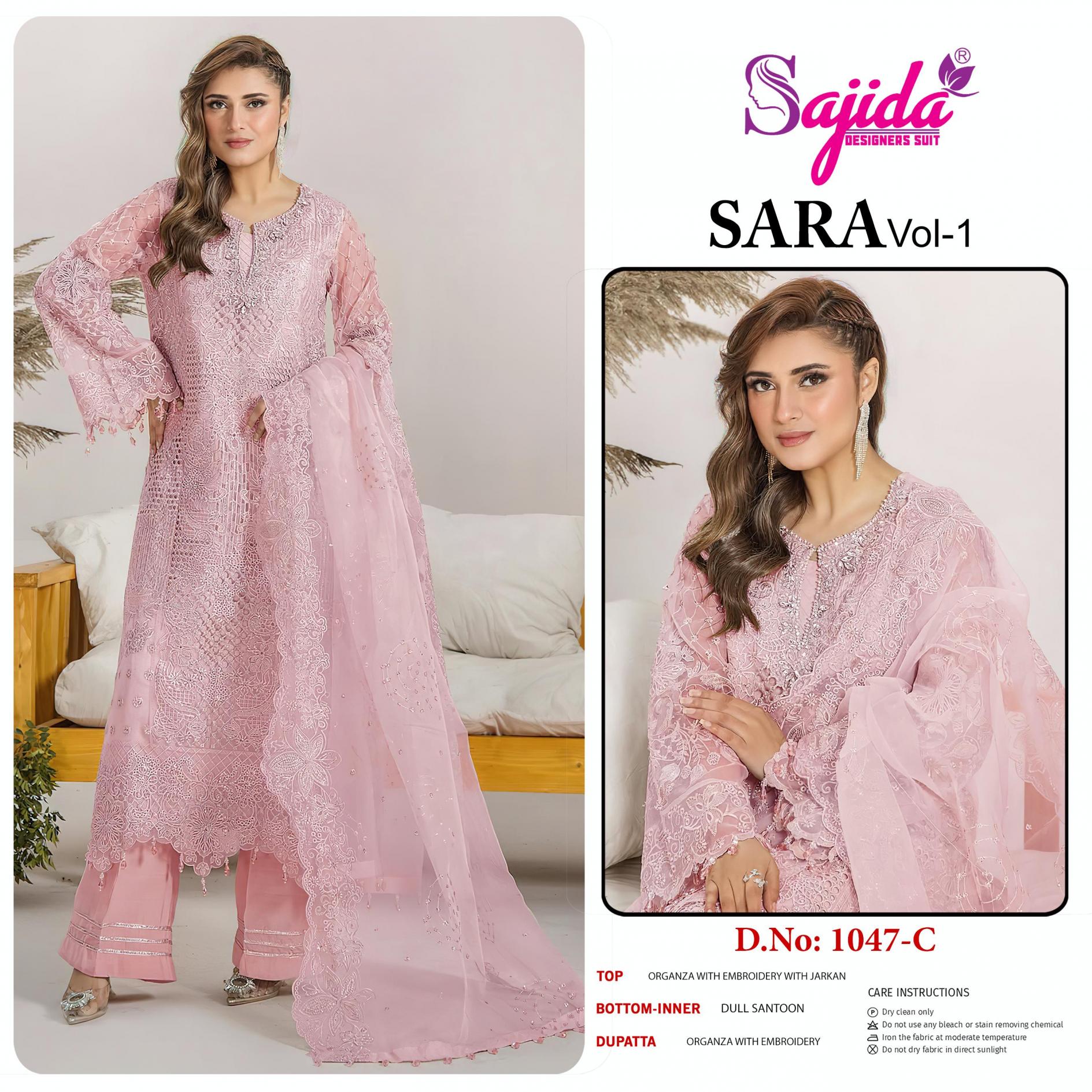 SAJIDA DESIGNER SARA VOL 1 ORGANZA EMBROIDERED 1047 FULL STITCH BIG SIZE PAKISTANI 3PCS DRESS
