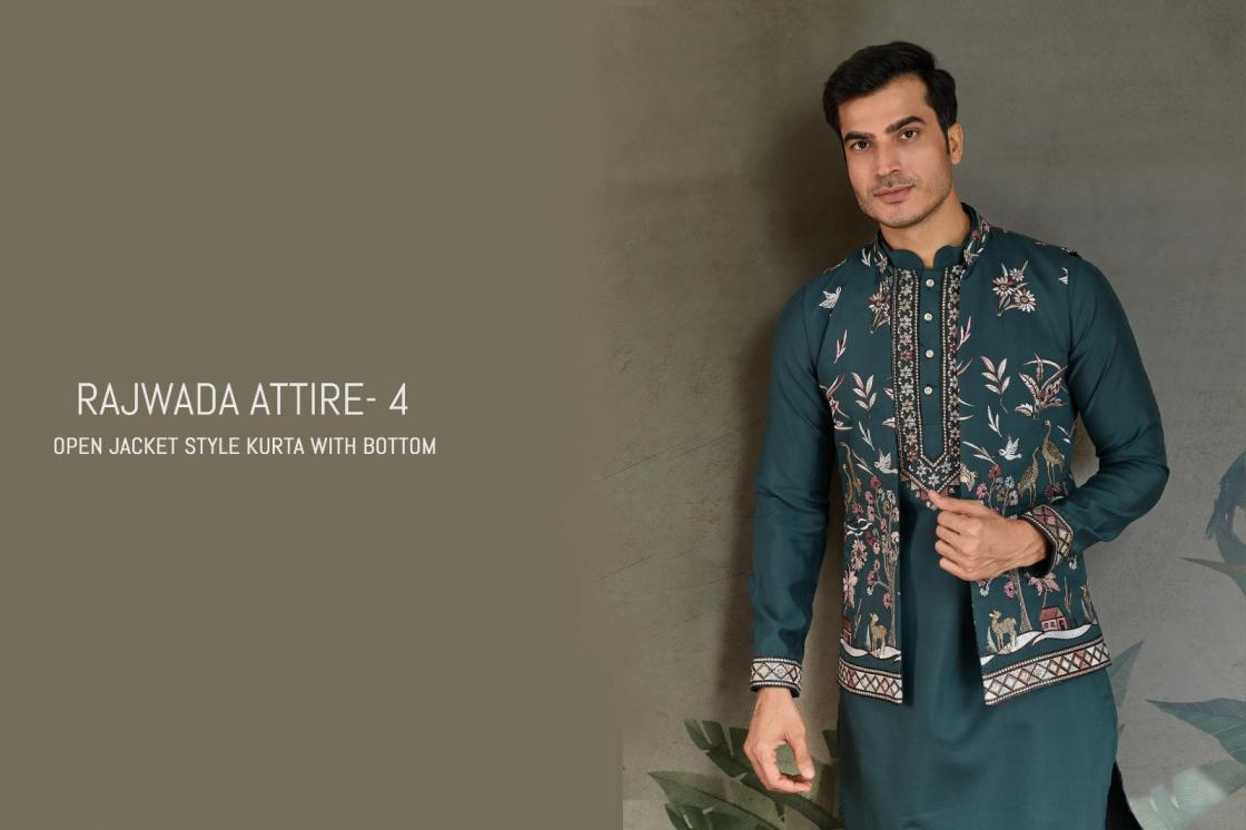 RAJWADA ATTIRE VOL 4 BY SHUBHVASTRA VISCOSE SILK FULL STITCH PARTY WEAR MENS KURTA 