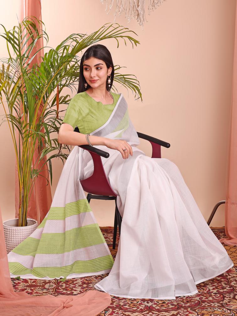 ASTITA THE WHITE LOOM FANCY DESIGNER LINEN COTTON FABRIC SAREE WHOLSALE WITH LATKAN