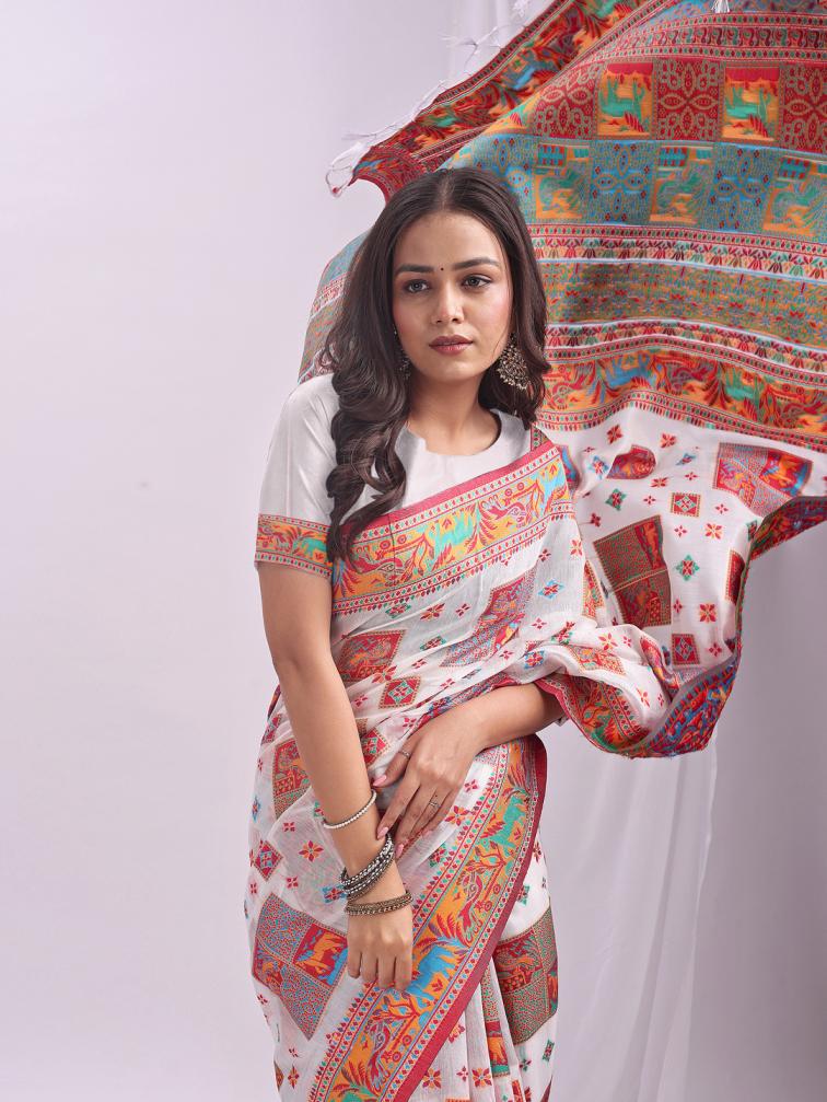 ASTITA VASTRALOOM FANCY DESIGNER LINEN COTTON FABRIC SAREE WHOLSALE WITH LATKAN