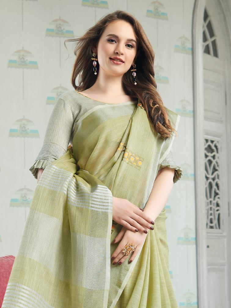 ASTITA AMYRA NX FANCY DESIGNER LINEN COTTON FABRIC SAREE WITH EMBROIDERY WHOLSALE SAREE WITH LATKAN