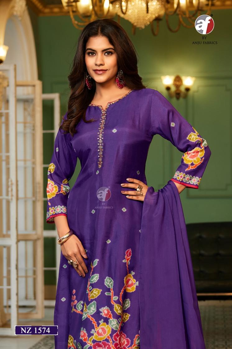 NZ 1574 BY ANJU FAB FULL STITCH DESIGNER DOLA SILK COMBO LADIES SUITS