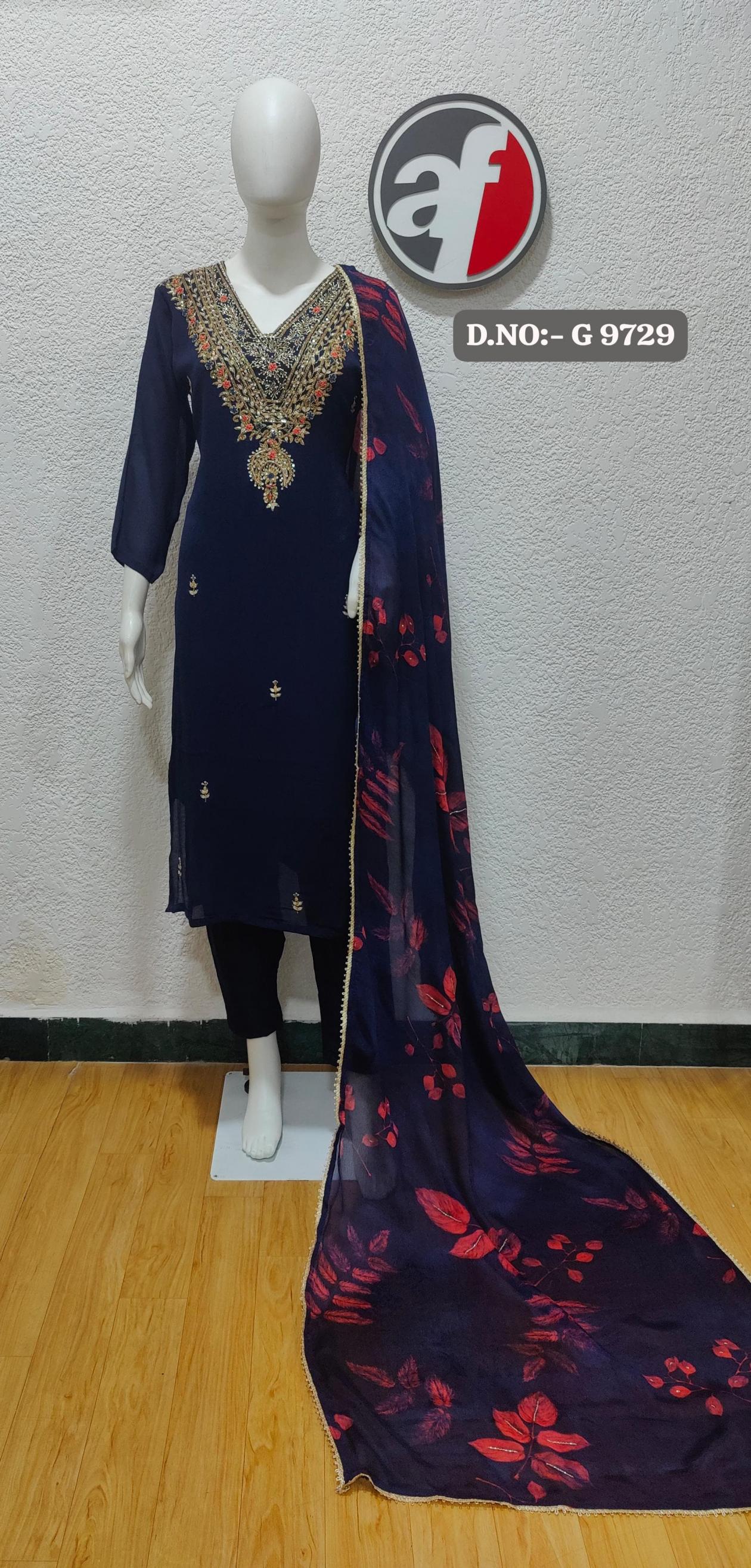 G 9729 BY ANJU FAB READYMADE CHIFFON UNIQUE COMBO SET SUITS 