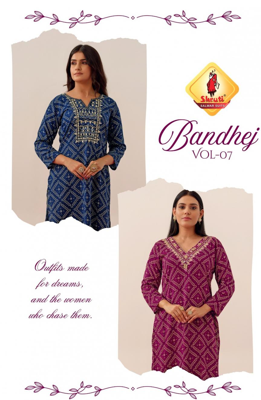 SHRUTI BANDHEJ VOL 7 MODAL RAYON FULL STITCH BANDHANI BIG SIZE LONG KURTI 