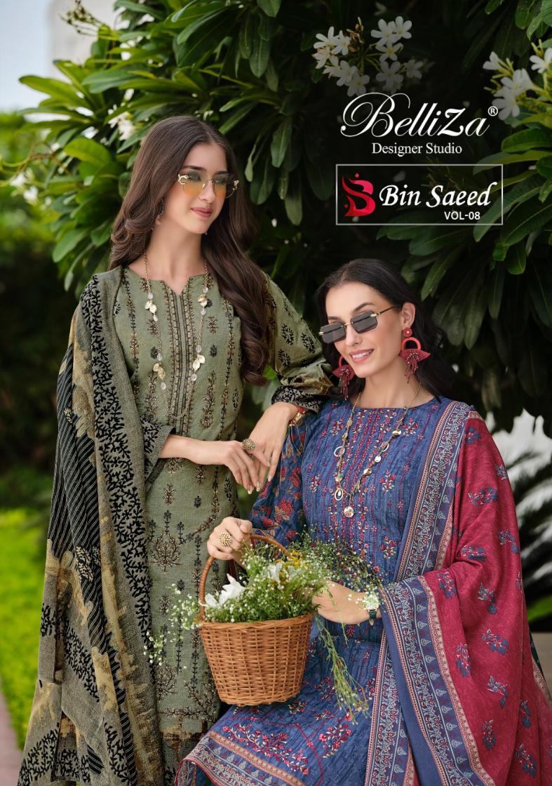 BELLIZA DESIGNER BIN SAEED VOL 8 FULL STITCH PLUS SIZE COTTON PAKISTANI 3PCS DRESS 
