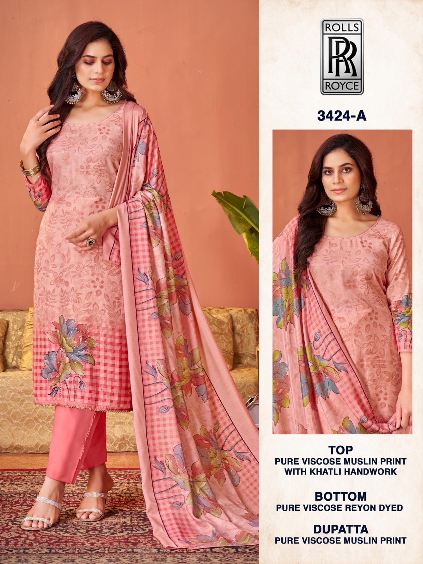 ROLLS ROYCE 3424 BY BIPSON PRINTS VISCOSE MUSLIN UNSTITCH SUIT FOR WOMENS 