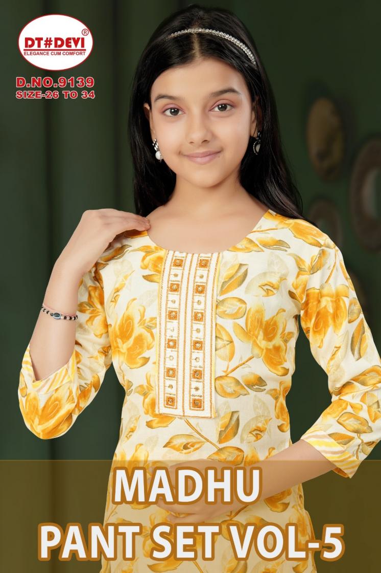 MADHU PANT SET VOL 5 BY DT DEVI FULL STITCH 9139 CAPSULE PRINT COMBO KIDS KURTI 