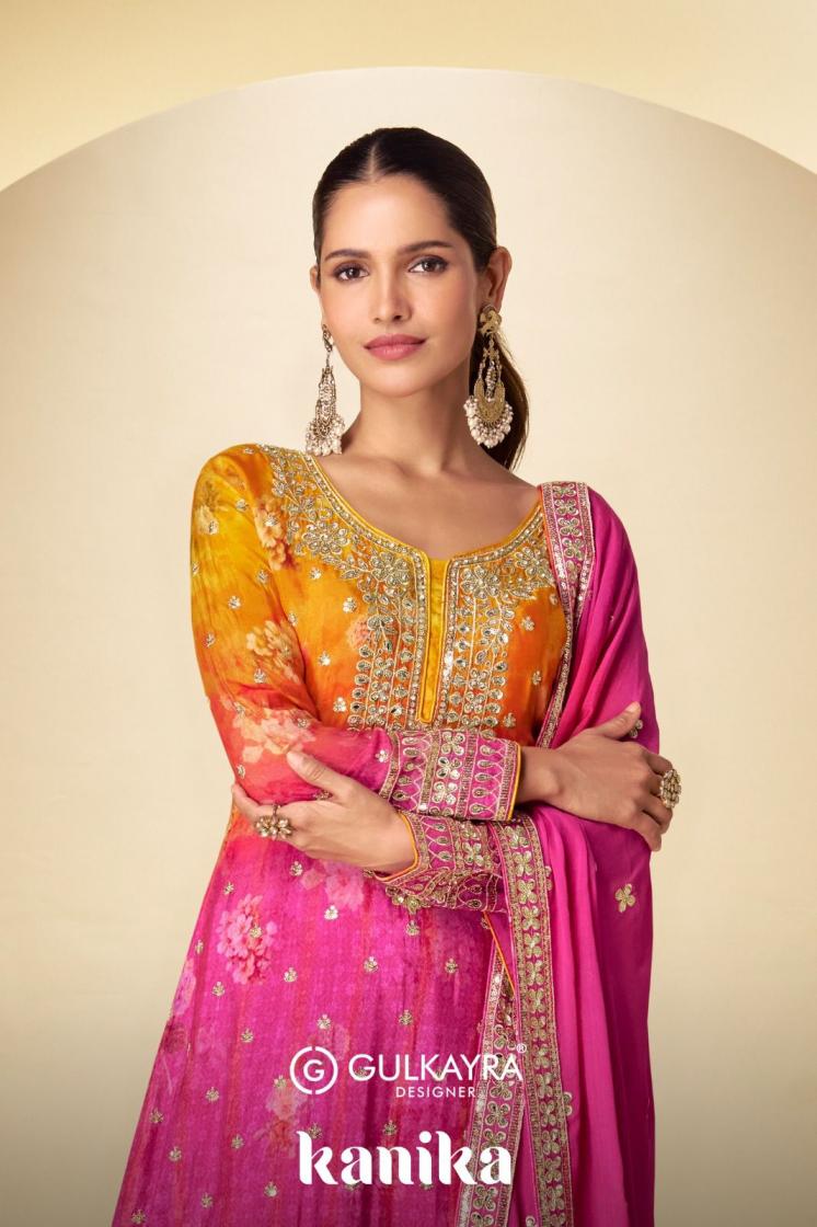 KANIKA BY GULKAYRA DESIGNER TRADITIONAL CHINON FULL STITCH PLAZZO SUITS 