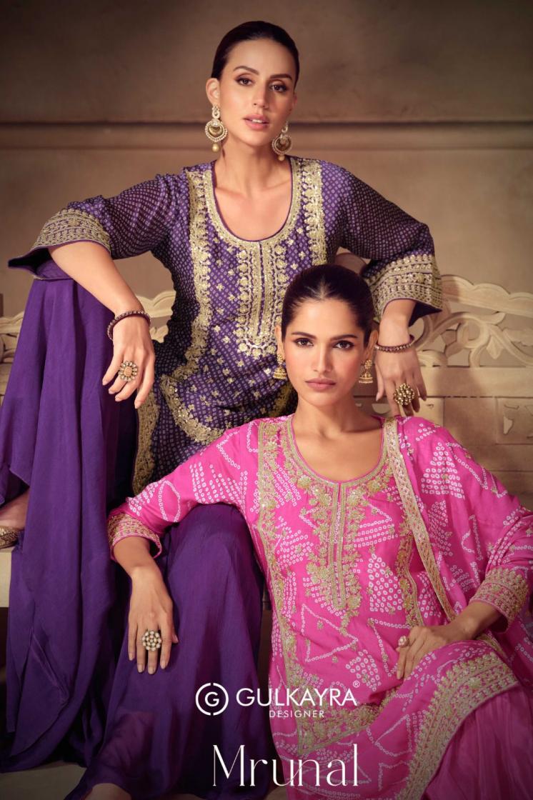 MRUNAL BY GULKAYRA DESIGNER CHINON PARTY WEAR FULL STITCH PLAZZO SUITS 