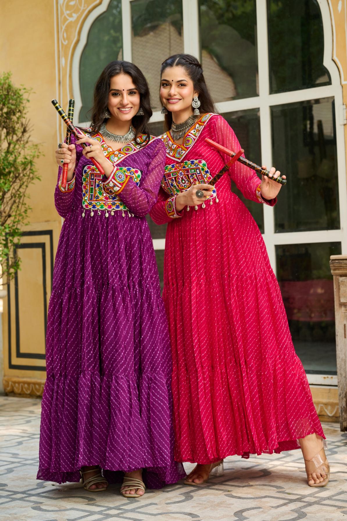 KA 1182 NAVRATRI LAHERIYA PRINT STYLISH FULL STITCH GOWN 