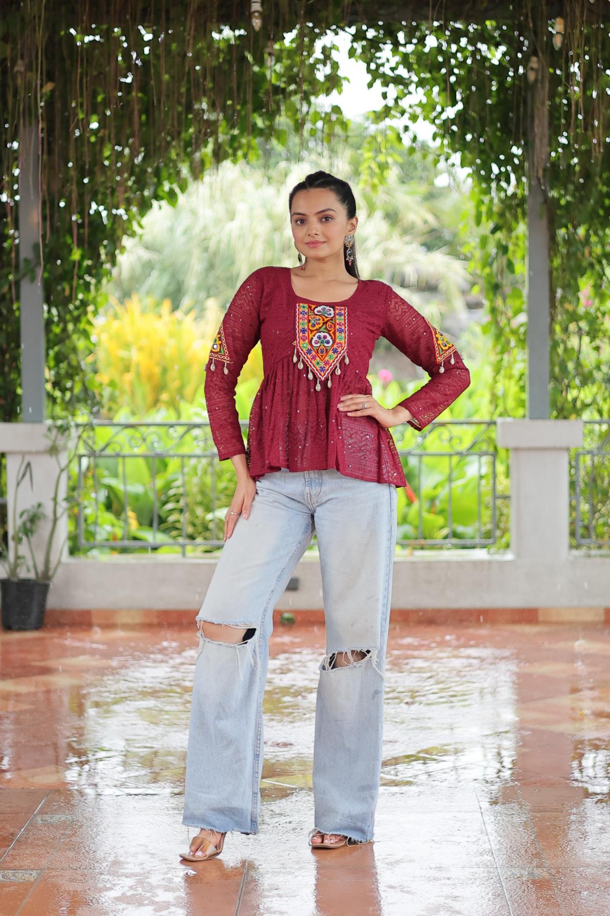 KA 1186 GEORGETTE SCHIFFLI WORK FULL STITCH NAVRATRI TOPS ONLINE 