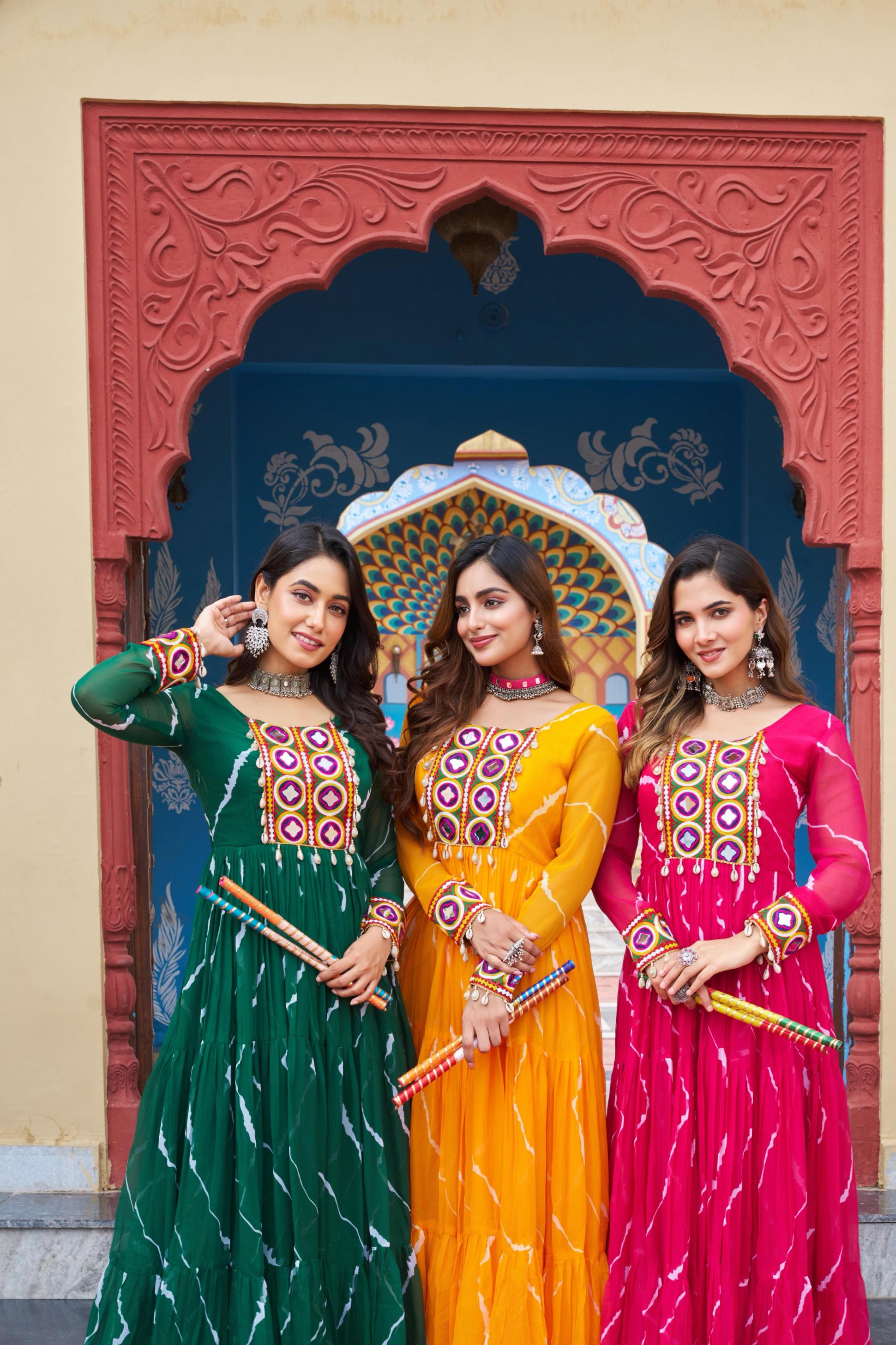 KA 1187 READYMADE LAHERIYA PRINT STYLISH NAVRATRI GOWNS ONLINE 