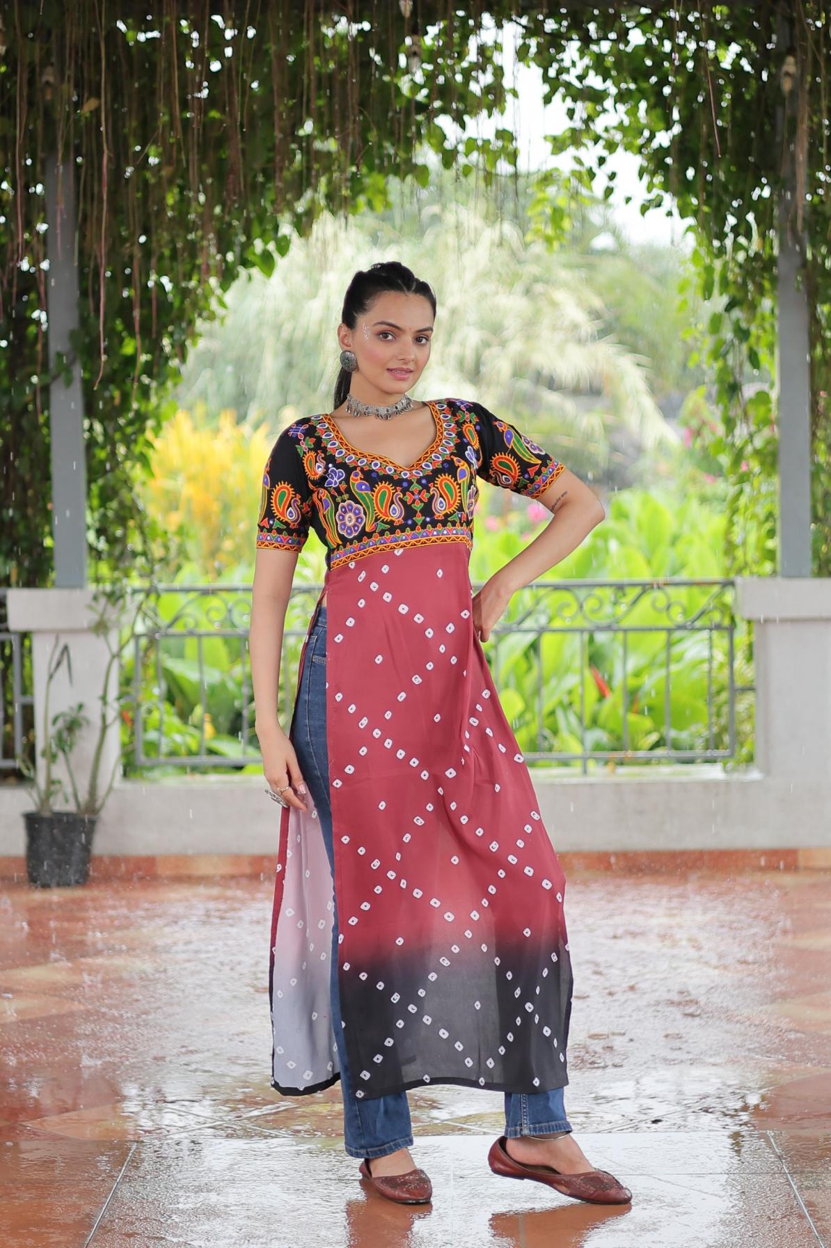 KA 1188 RAYON FULLY STITCH GAMTHI WORK NAVRATRI FESTIVAL LONG KURTI 