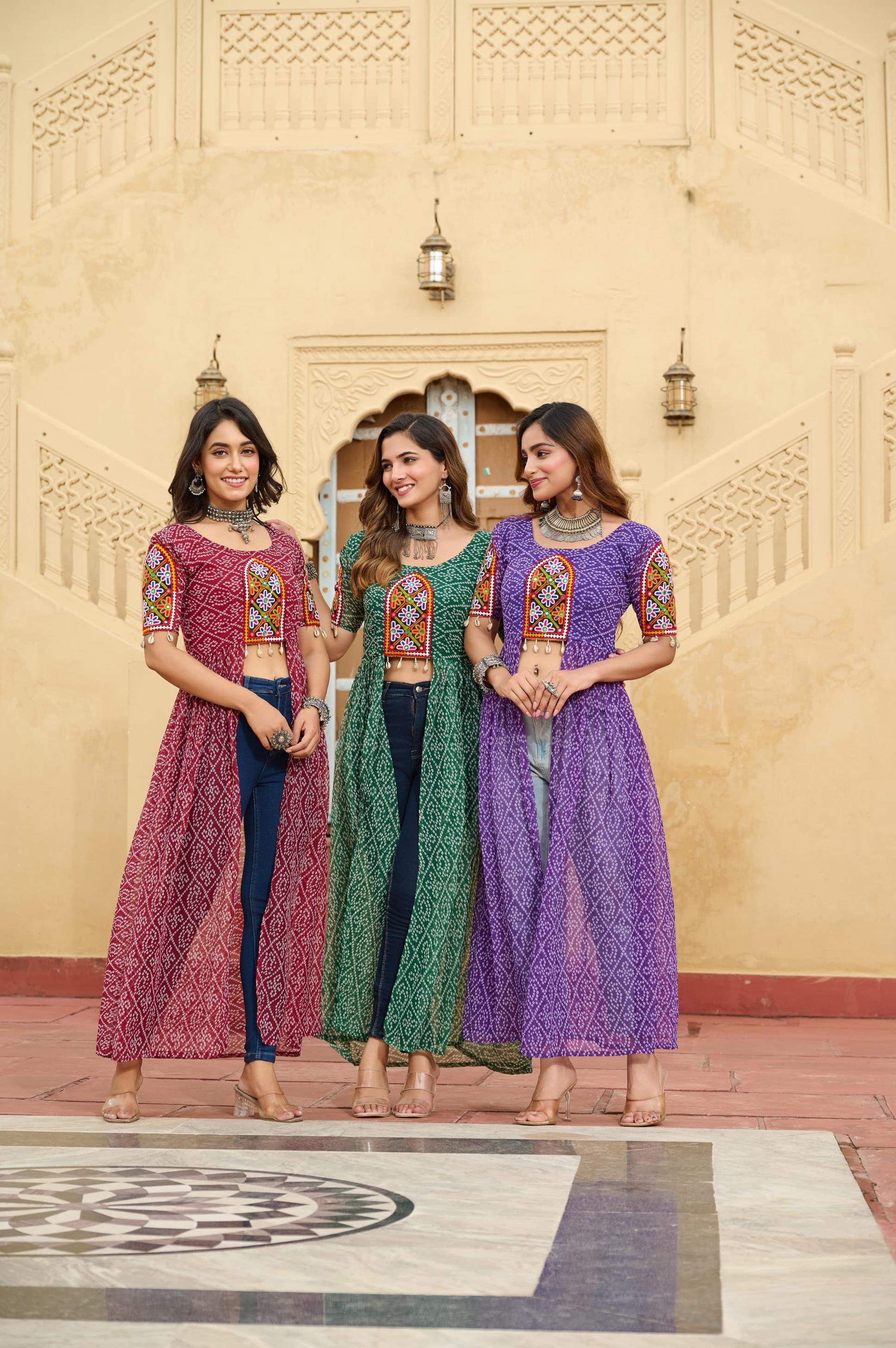 KA 1189 BANDHANI PRINT NAVRATRI SPECIAL FULL STITCH LONG KURTIS 