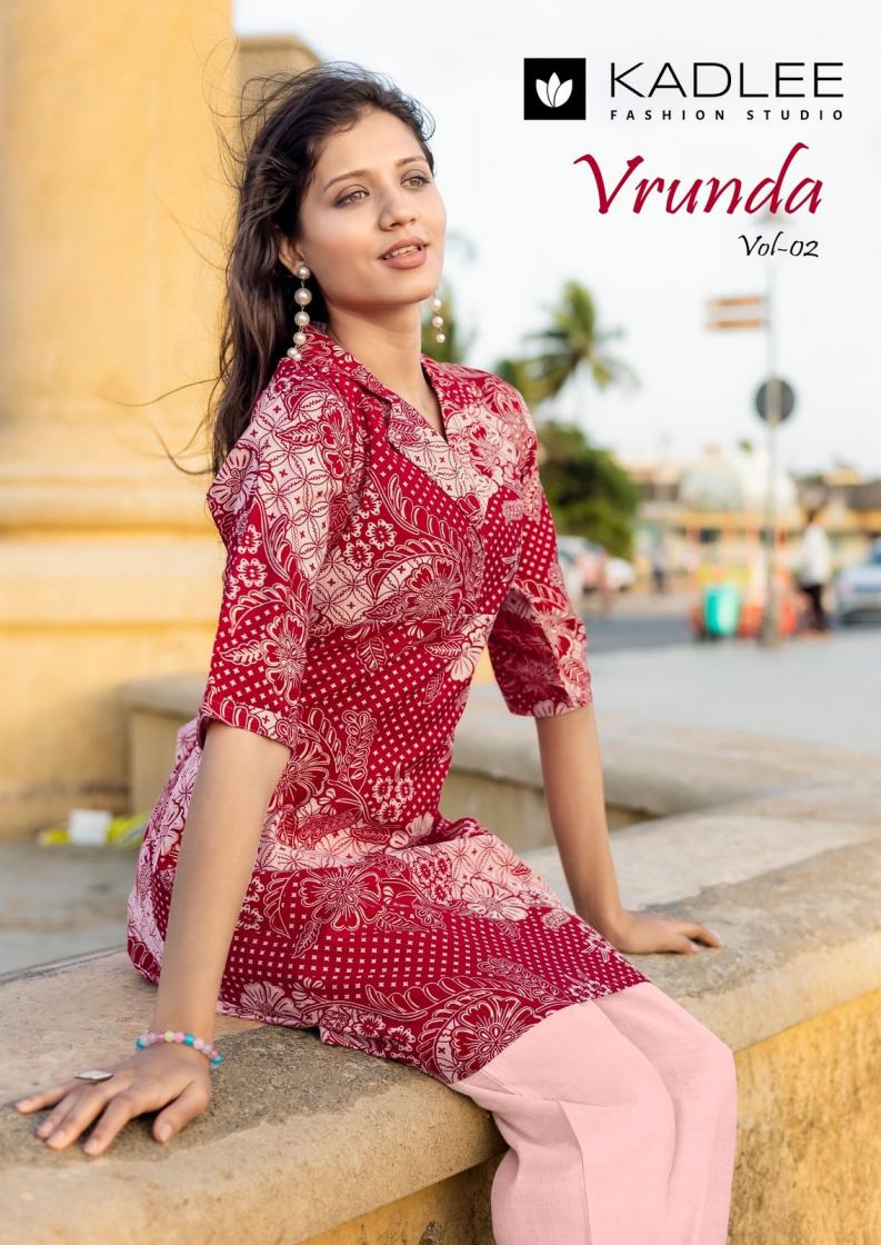 VRUNDA VOL 2 BY KADLEE VETICAN PRINT FULL STITCH FANCY KURTI WITH PANT 