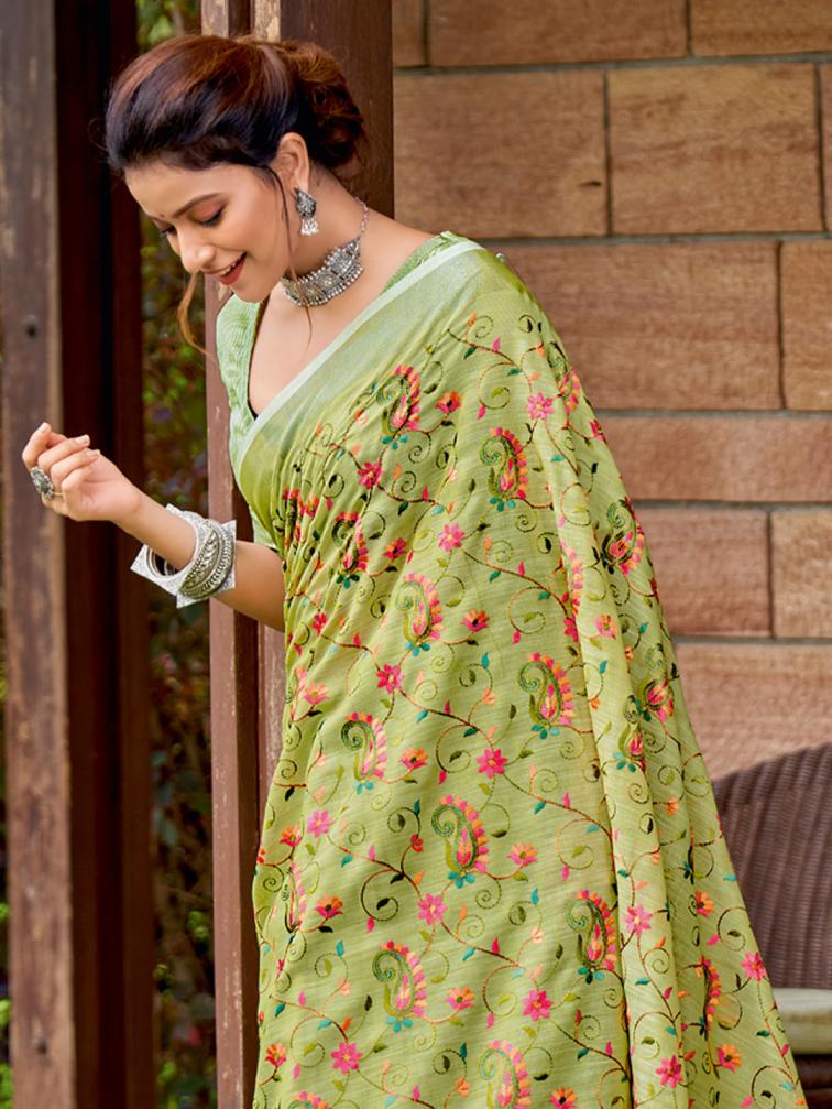 ASTITA KASHMIRA NX FANCY DESIGNER LINEN COTTON FABRIC SAREE WITH EMBROIDERY WHOLSALE SAREE WITH LATKAN