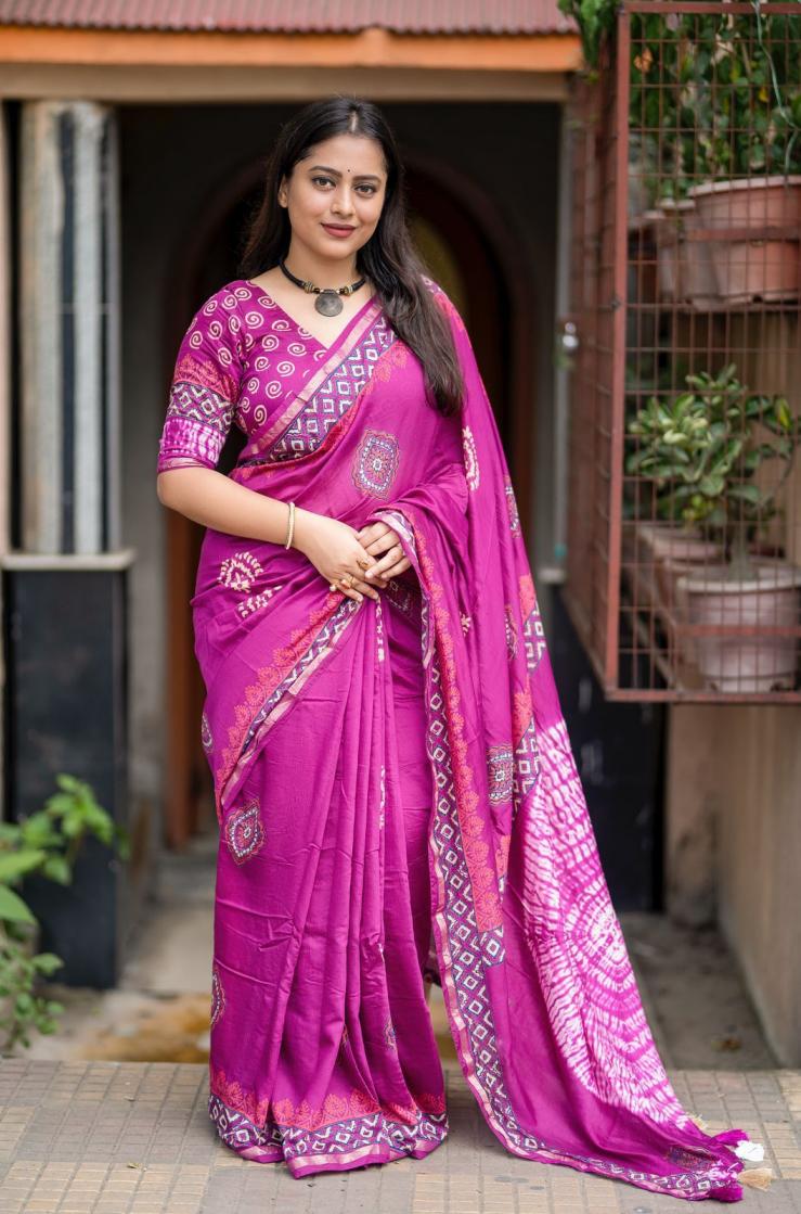 KC 497 BEAUTIFUL AJRAKH BHANDANI CHANDERI SAREE ONLINE 