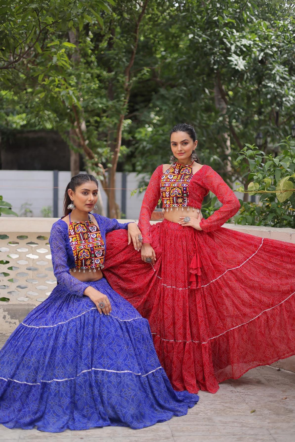 LW 7134 NAVRATRI FAUX GEORGETTE BANDHEJ FULL STITCH LEHENGA WITH TOPS