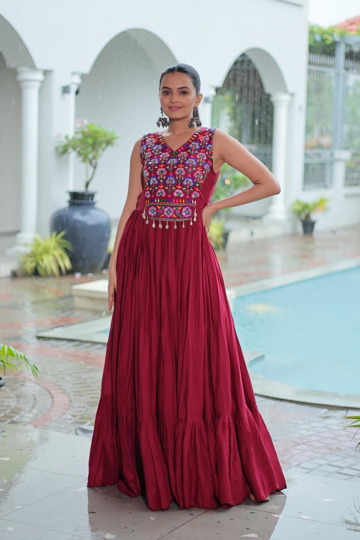 LW 9258 RAYON GAMTHI THREAD WORK READYMADE CLASSIC NAVRATRI GOWNS 