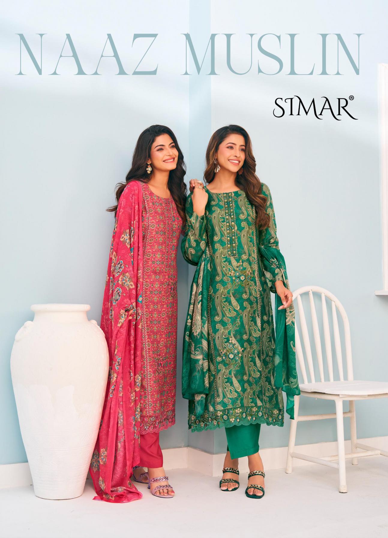 SIMAR GLOSSY PRESENTS NAAZ MUSLIN CASUAL WEAR UNSTITCH SUIT