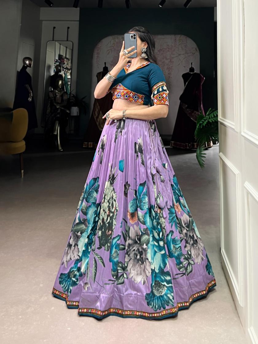 NNK1734 HIT DESIGN TASAR SILK FLORAL FULL STITCH LEHENGAS 