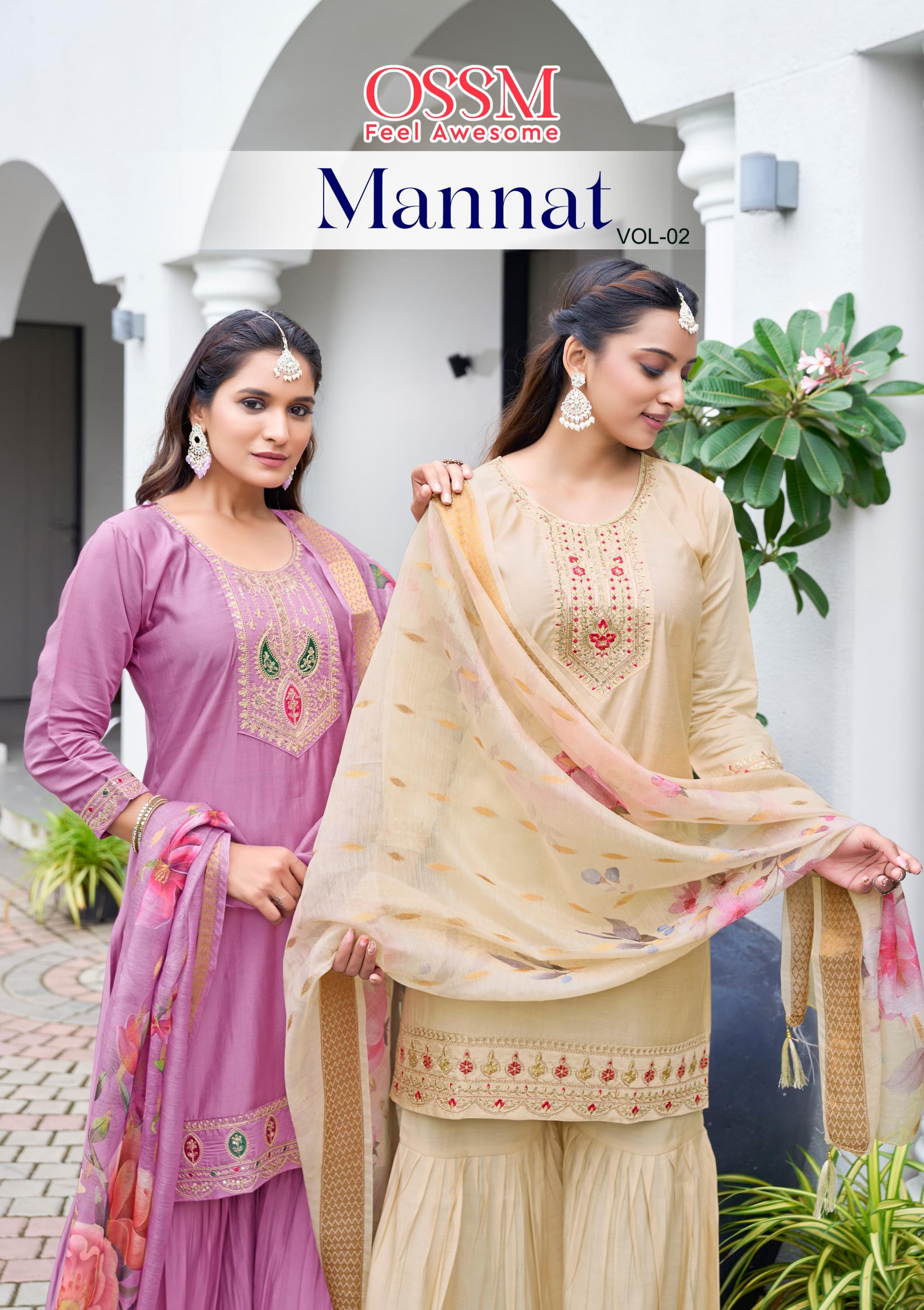 MANNAT VOL 2 BY OSSM VISCOSE ROMAN SILK FULL STITCH PLAZZO SUIT