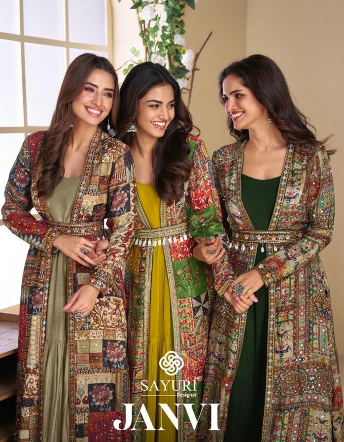 JANVI BY SAYURI DESIGNER GEORGETTE FULL STITCH GOWN JACKETS WITH BELTS 