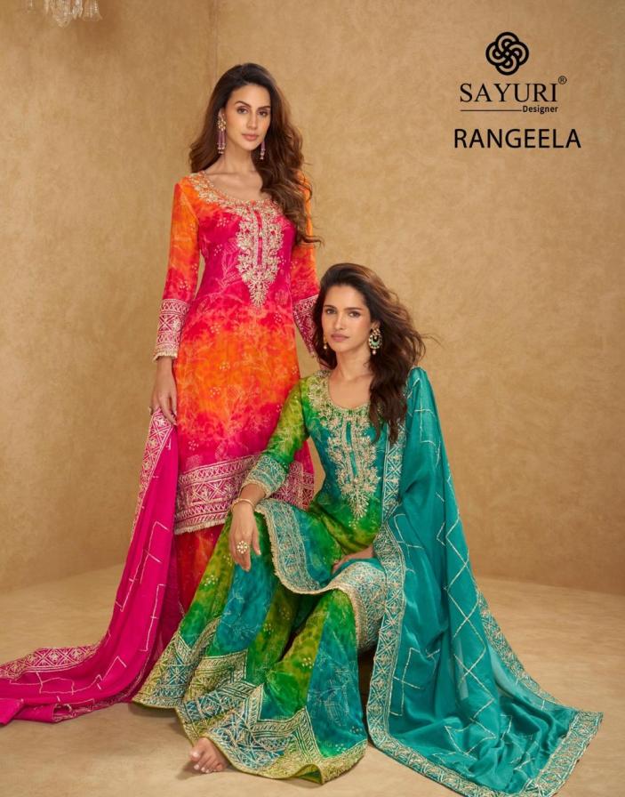 RANGEELA BY SAYURI DESIGNER CHINON SILK READYMADE UNIQUE PLAZZO SUITS 