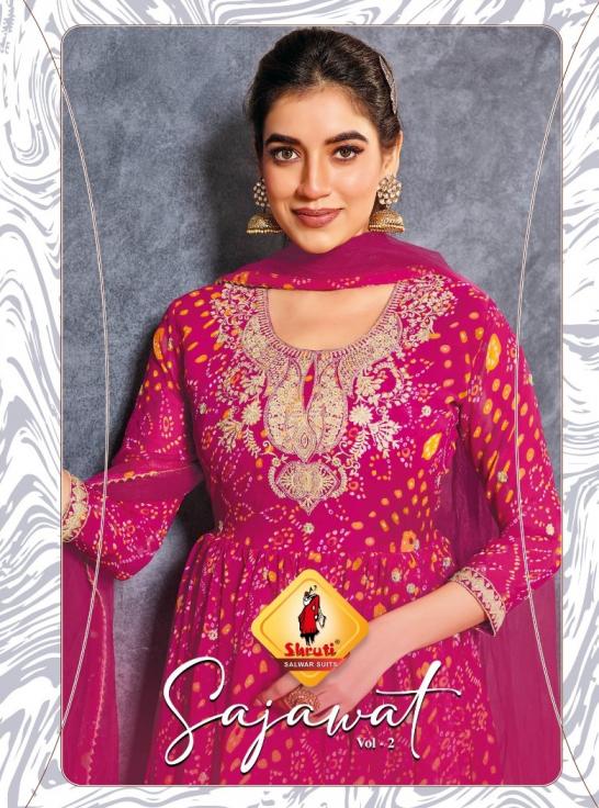 SAJAWAT VOL 2 BY SHRUTI SUIT FULL STITCH GEORGETTE BANDHNI PRINT GOWN WITH DUPATTA 