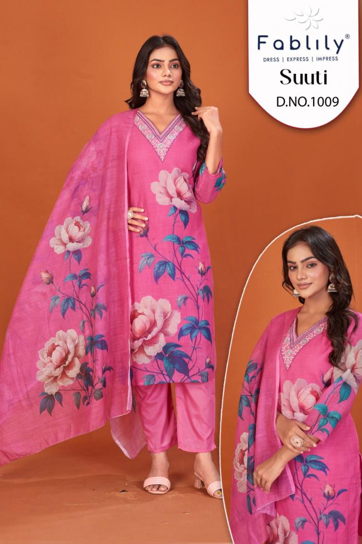 FABLILY SUUTI LINEN PRINT FANCY FULL STITCH COMBO SUIT FOR WOMENS 
