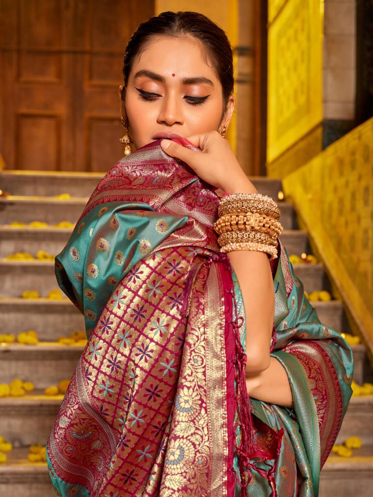 ASTITA VAANI SILK FANCY DESIGNER BANARASI SILK FABRIC SAREE WHOLSALE WITH LATKAN