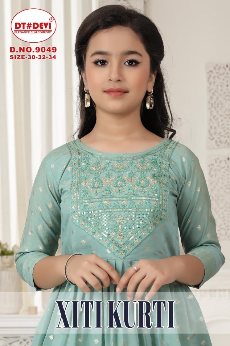 DT DEVI XITI KURTI ROMAN SHIMMER 9049 UNIQUE FULL STITCH COMBO KIDS KURTI