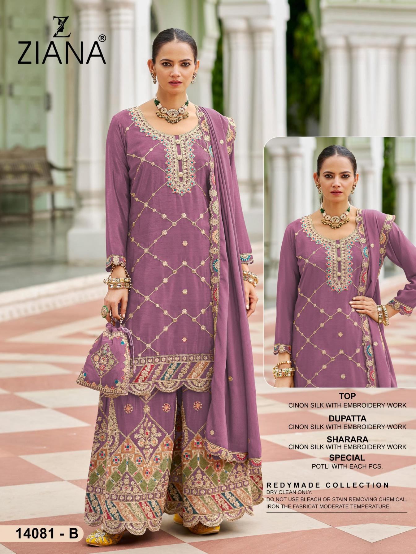 ZIANA 14081 AMAZING CHINON SILK FULL STITCH PAKISTANI PLAZZO DRESS
