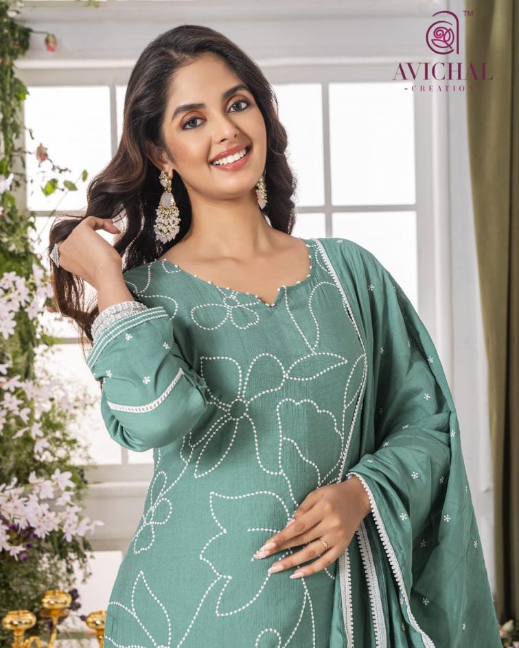 1046 BY AVICHAL CREATION FULL STITCH STYLISH VATICAN SILK COMBO SUITS 