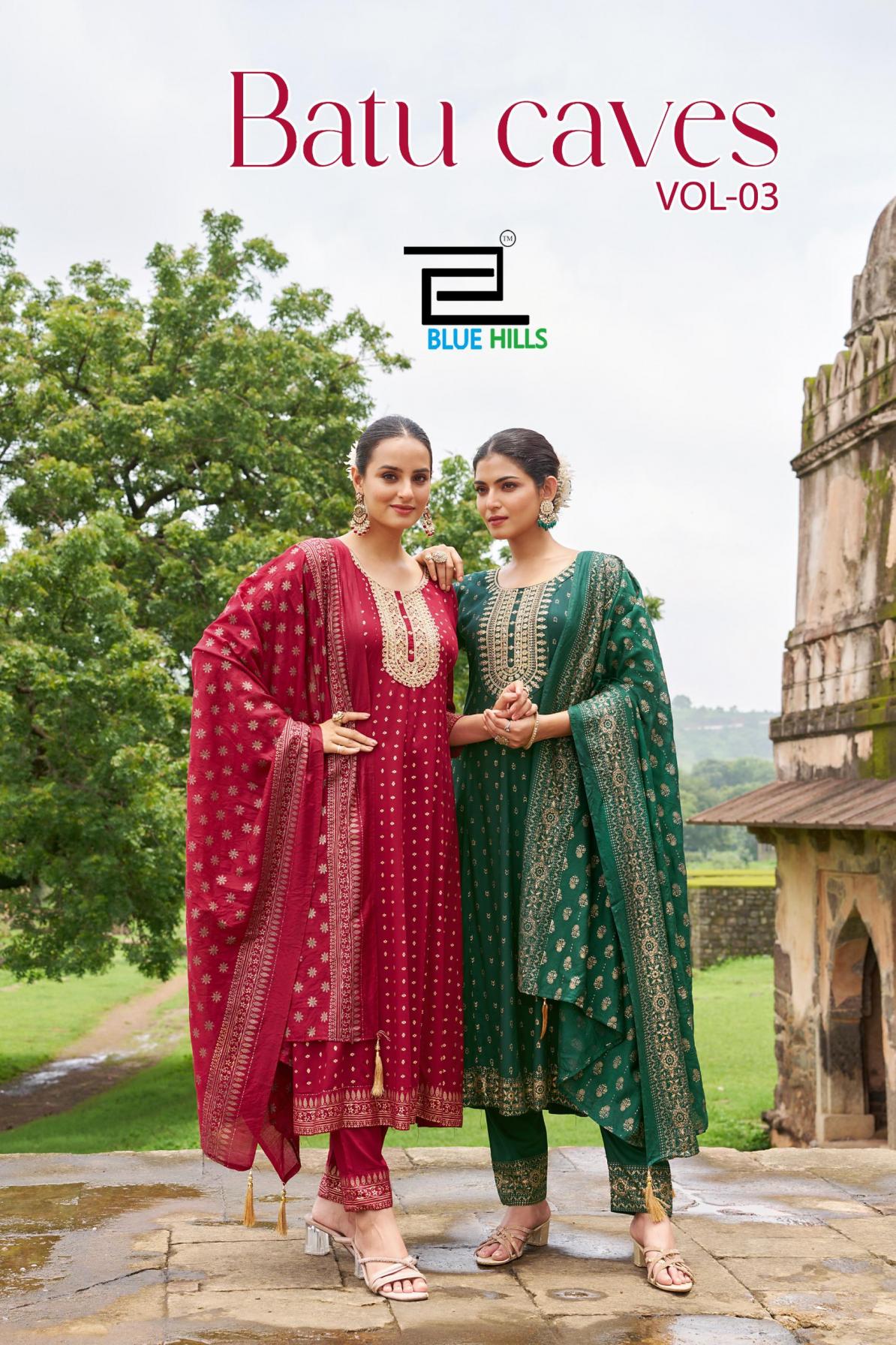 BATU CAVES VOL 3 BY BLUE HILLS RAYON STYLISH FULL STITCH SUITS 