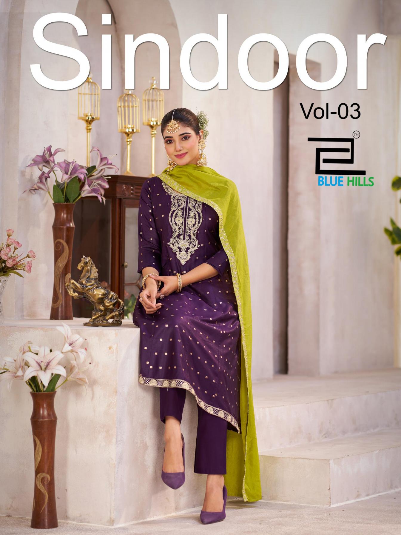 SINDOOR VOL 3 BY BLUE HILLS READYMADE CHANDERI PRETTY BIG SIZE SUITS 