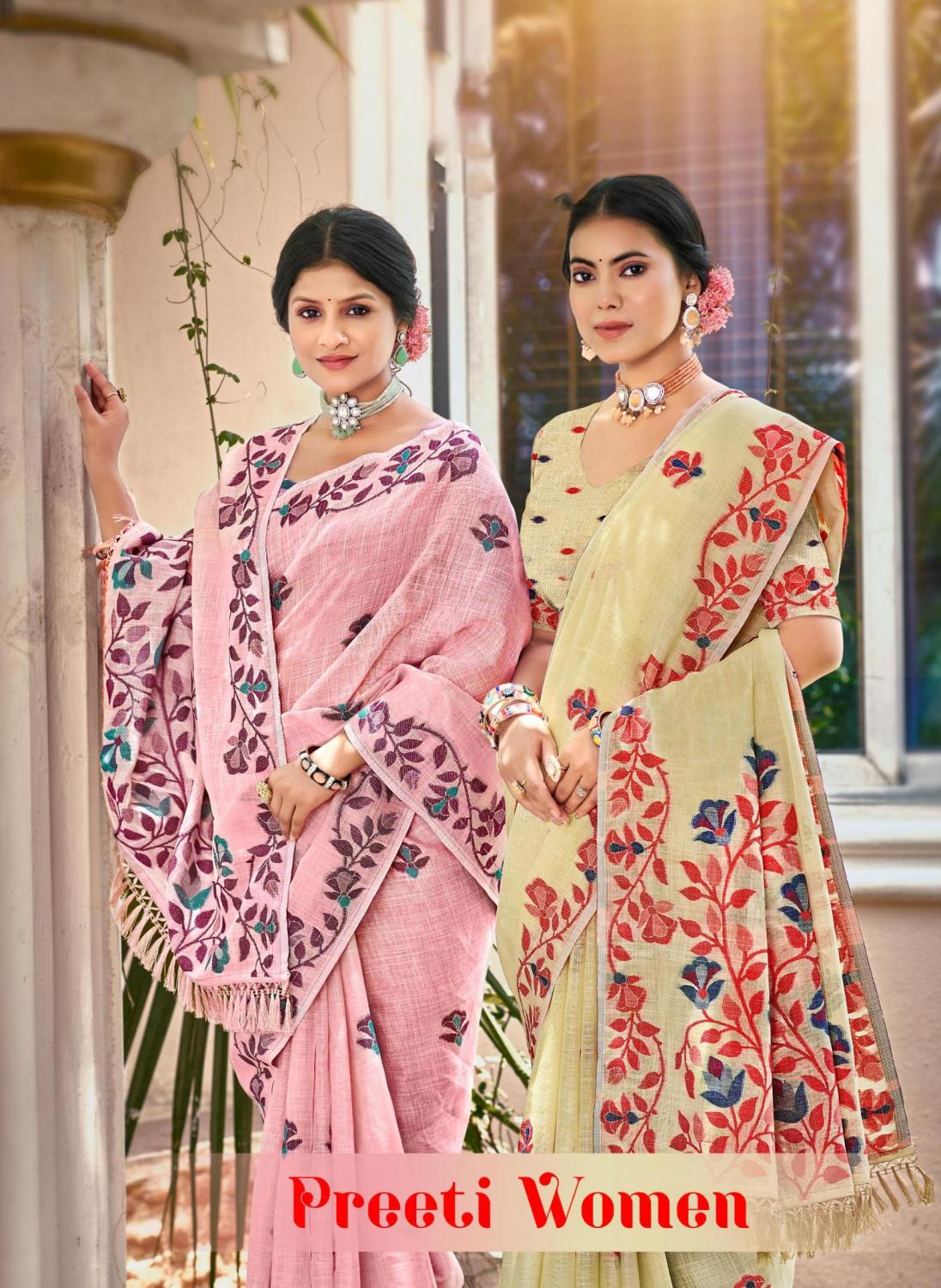 BUNAWAT - Preeti Women Sangam Prints Linen Woven Work Traditional Saree